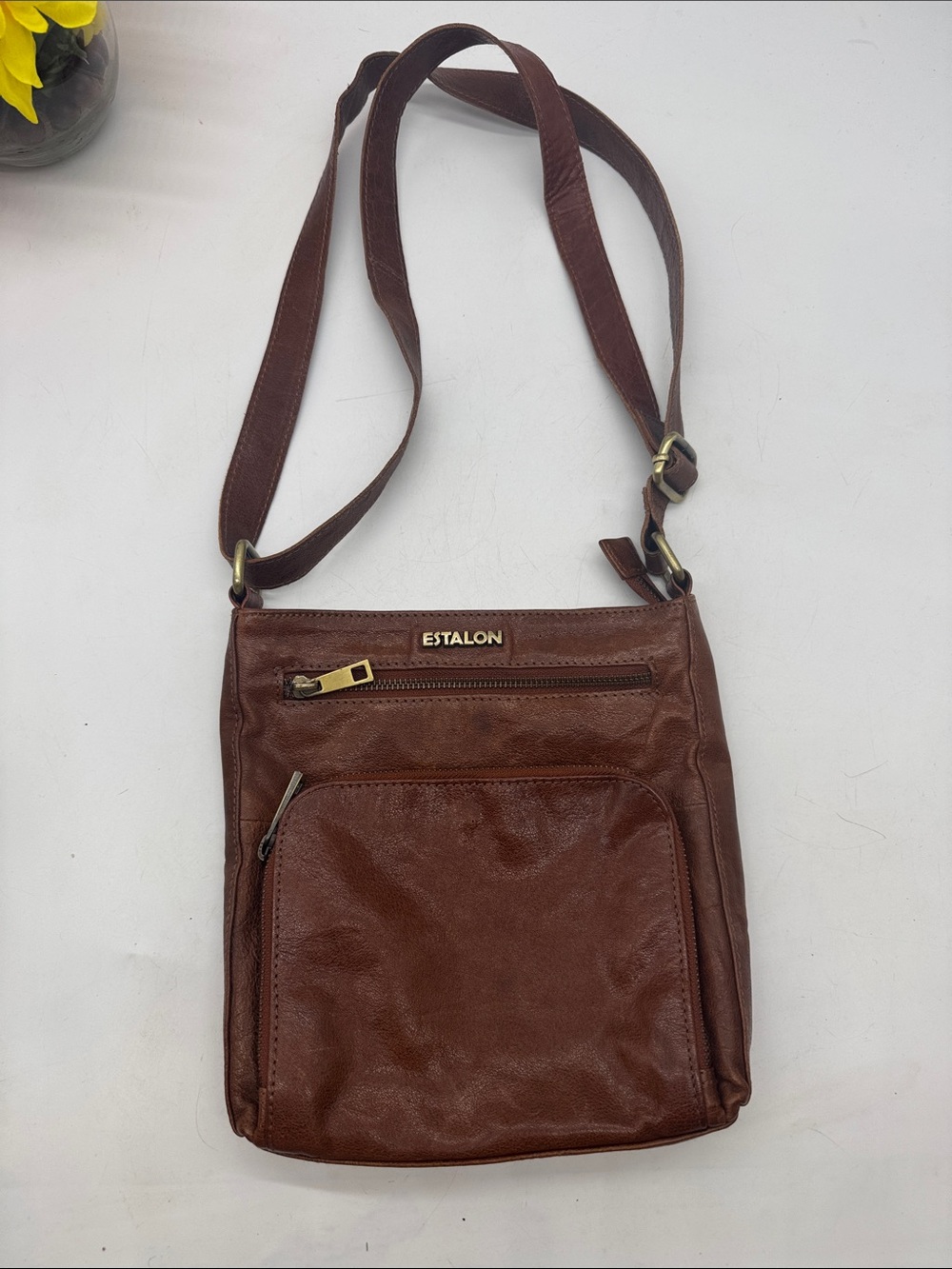 Estalon Brown Leather Crossbody Bag with beautiful floral lining